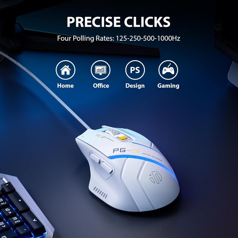 inphic PG1 Wired Computer Gaming Mouse Ergonomic, 12800 DPI High-Precision, 6 Programmable Buttons, RGB Backlit for Gaming - White Gray - Image 5